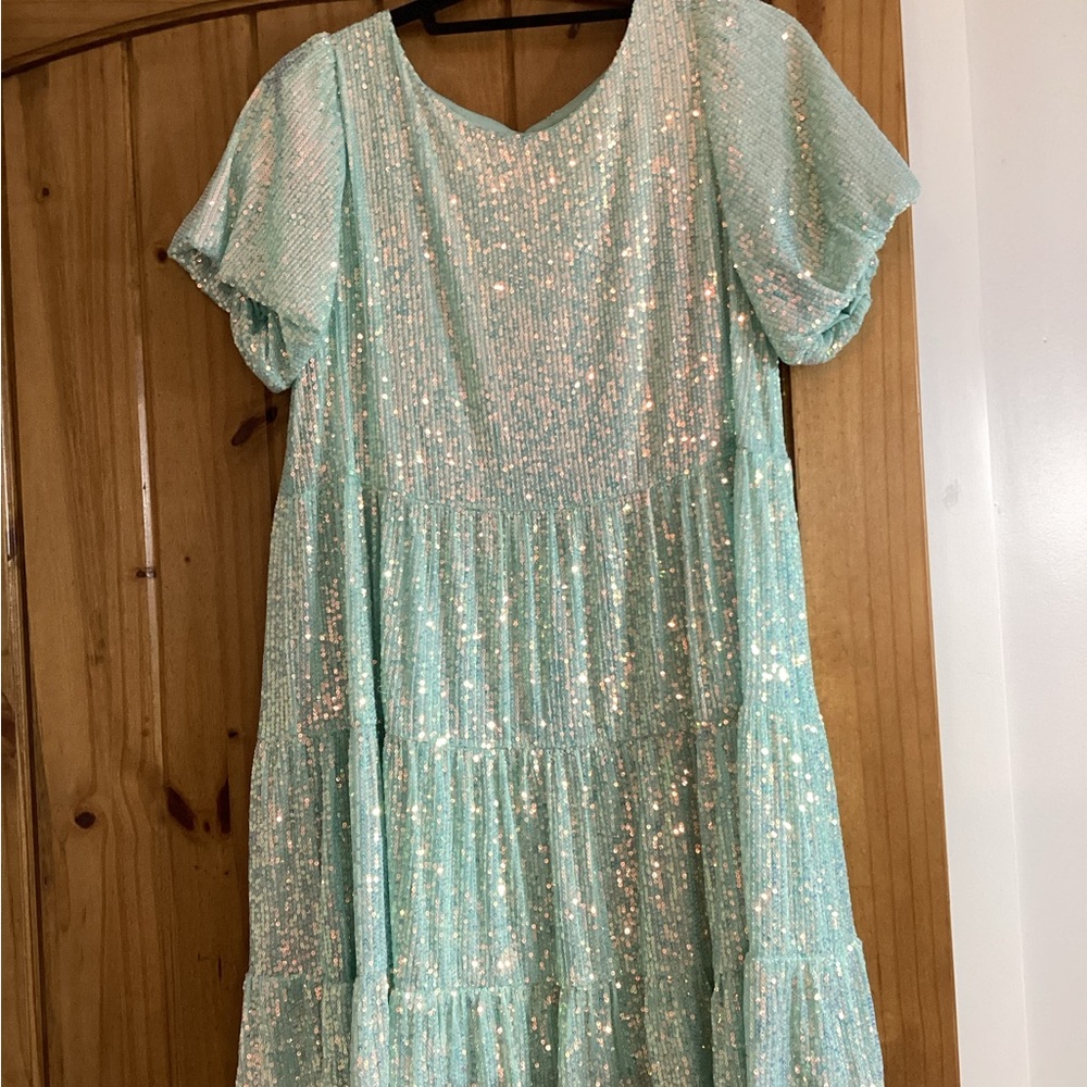 She + Sky Mint Sequin Tiered Mini Dress